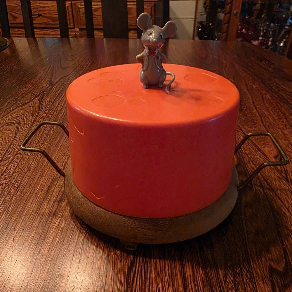 Vintage Mid Century Cheese Server Mouse Orange Plastic Dome Wood Base Tray MCM